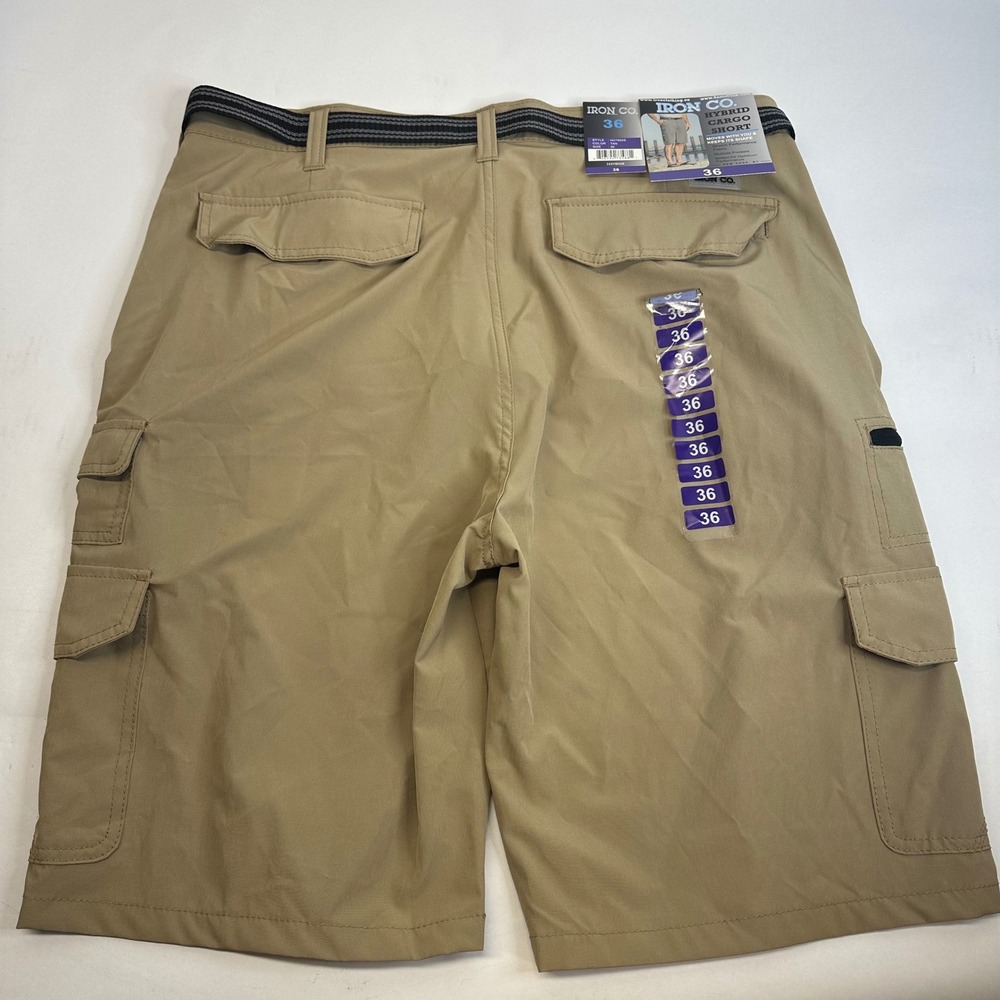 Iron Co Mens Hybrid Cargo Shorts Tan Stretch Performance Fabric Belted Size 36